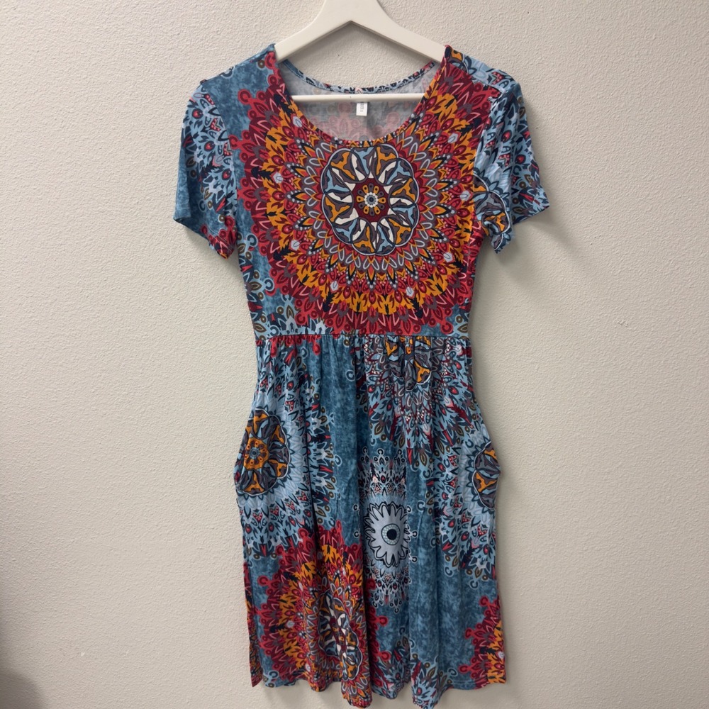 DB Moon Mandala Print Dress Womens XS Blue Multi Boho Short Sleeve Hippie Summer